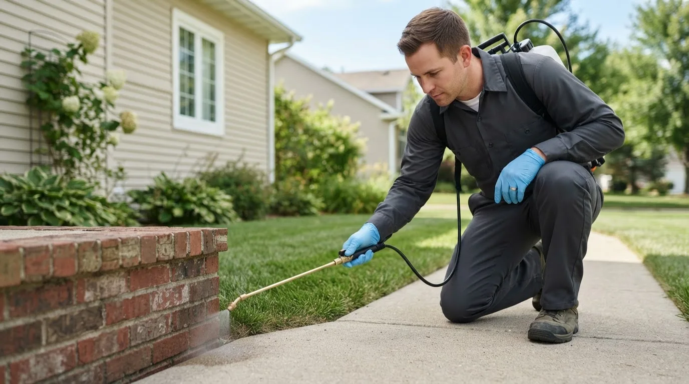 Pest control technician treating a home near Wishek, ND