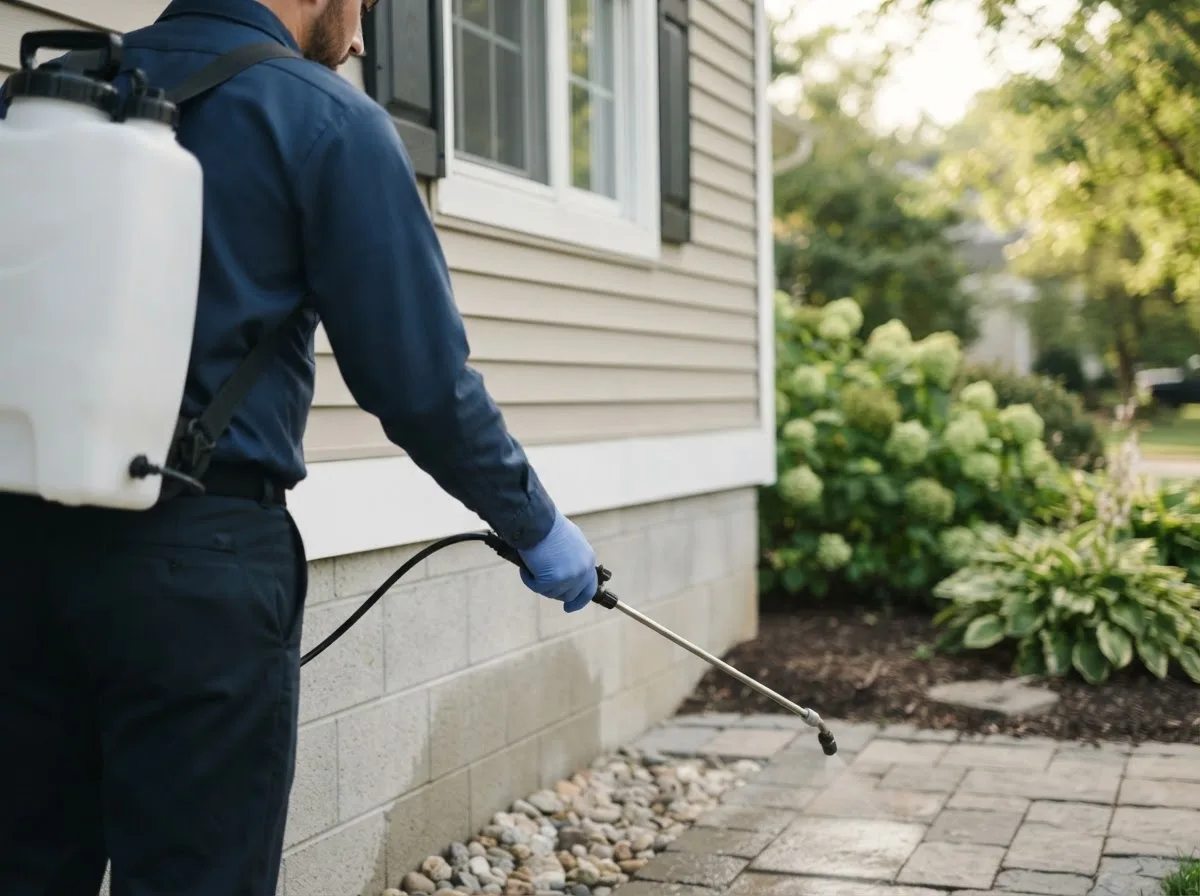Pest control technician inspecting a home in Wishek, ND